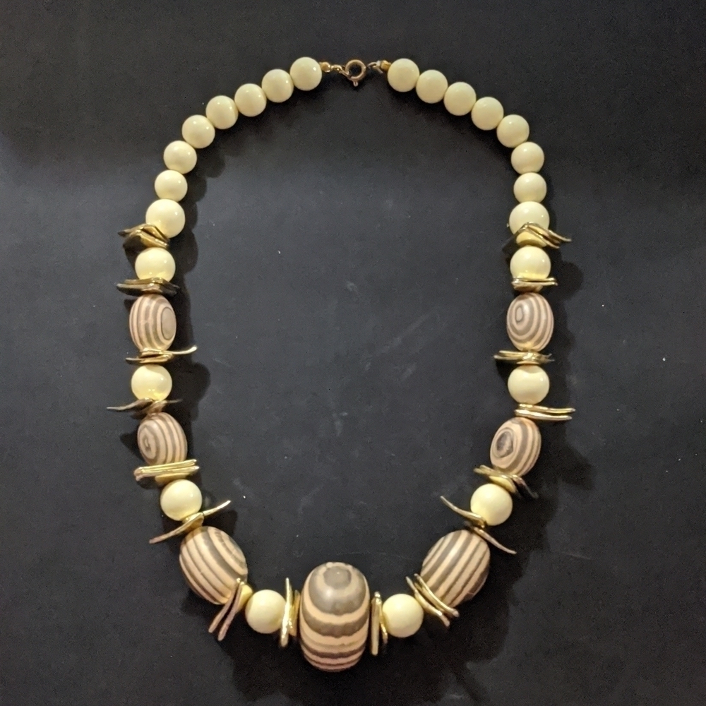 Gold Tone Cream and Brown Wooden Beaded Statement Necklace